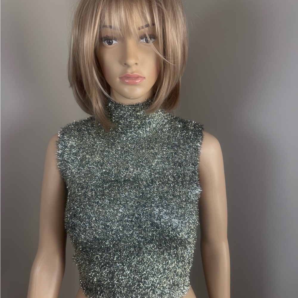 AKIRA Black Gold Metallic Eyelash Knit Crop Top Mock Neck Sparkly Party Top